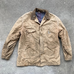 Vintage Mens 1970s CARHARTT Duck Canvas Blanket Lined Made In USA Super Distressed Work JACKET Chore Coat Size Large 46 Hipster Levis