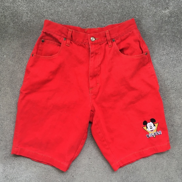 Vintage 1990s MICKEY Unlimited Red Denim High Waisted SHORTS Size 28 Small Medium Disney Mouse Hipster Swag Levis Guess