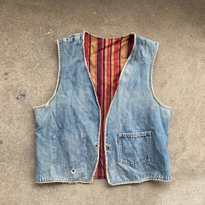 Vintage jaren 60 LEVIS omkeerbaar groot E gestreept denim VEST maat Small medium jeansjack 501