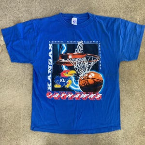ヴィンテージ 1990 年代 KU カンザス大学 JAYHAWKS ブルー Tシャツ サイズ L バスケットボール クルーネック ヒップスター スポーツ カレッジ コットン