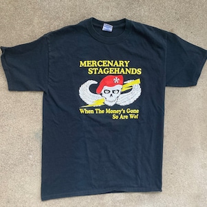 Vintage MERCENARY STAGEHANDS Black Cotton Crewneck T-SHIRT Size Medium Band Concert Tour Skull Biker Motorcycle Harley Davidson