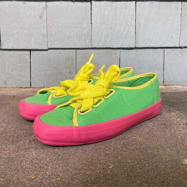 Vintage 1980s 1990s Womens PURE JUICE Colorblock Neon Lace Up Tennis SHOES Sneakers Size 7.5 Hipster Canvas