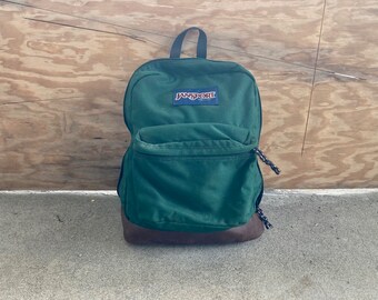 Vintage 1990s JANSPORT Forest Green Nylon USA Made Leather Bottom Camping Daypack BACKPACK School Hipster Rucksack Bag