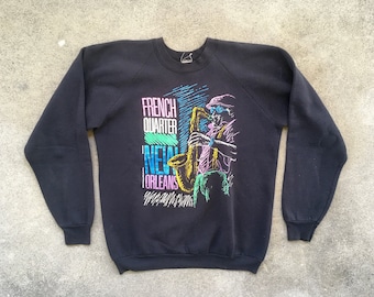 Vintage 1990s FRENCH QUARTER New Orleans Black Pullover SWEATSHIRT Size Extra Large 46 Hipster Swag Jazz Music