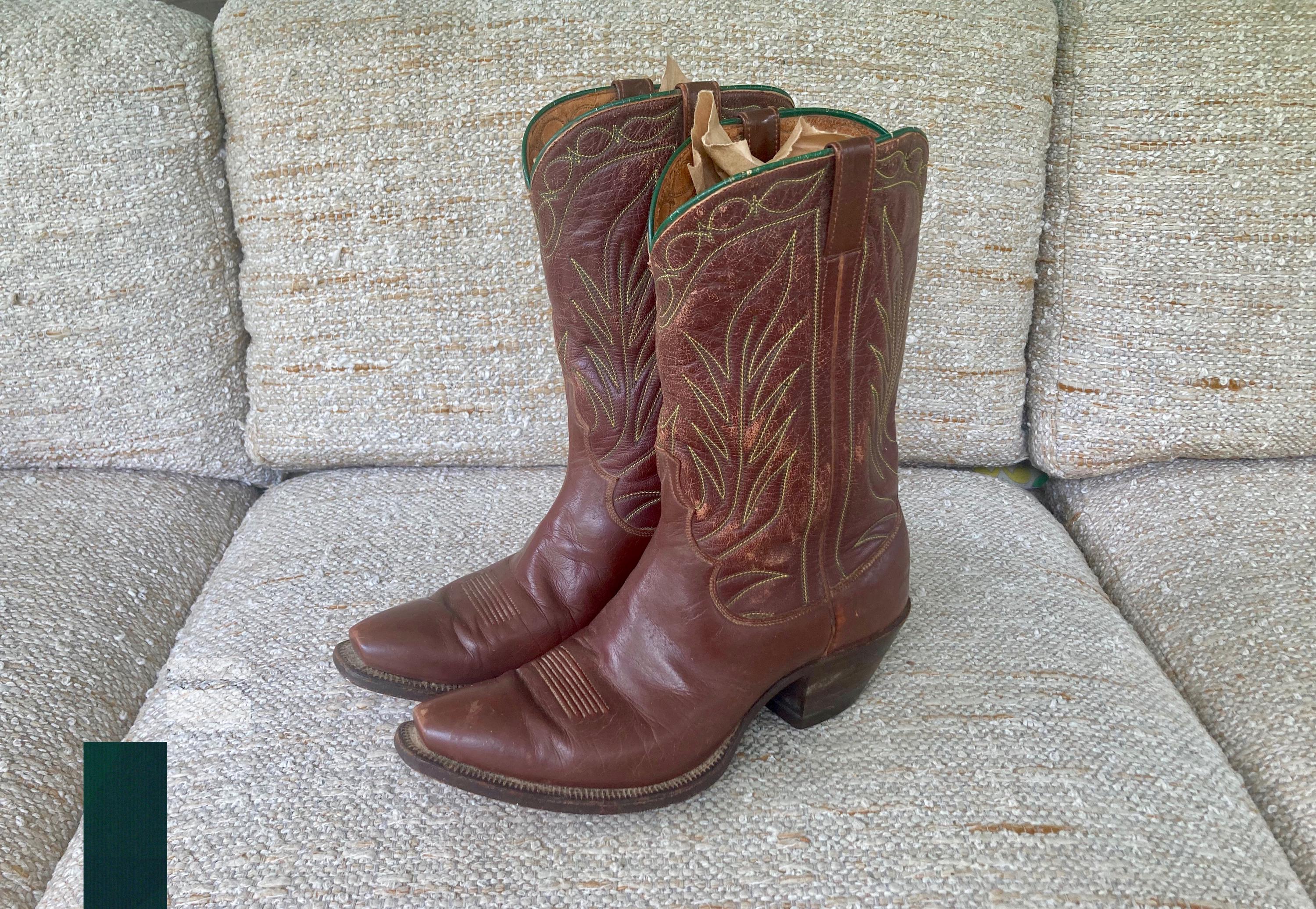 Vintage 1950s Mens AMONETT Handmade Leather Cowboy BOOTS Size 9.5 10 Roswell New Mexico Tony Lama Acme Style Bench