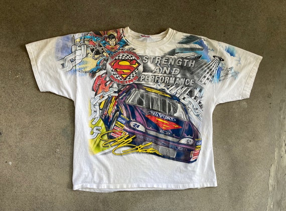 Vintage 1990s Jeff Gordon #24 SUPERMAN All Over Print White Vintage 1990s Jeff Gordon #24 SUPERMAN All Over Print White