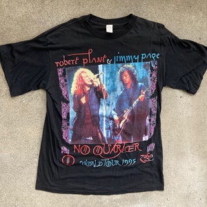 Vintage 1990s ROBERT PLANT & Jimmy Page No Quarter 1995 All Over Print Black T-SHIRT Size Extra Large Concert Tour Band Led Zeppelin