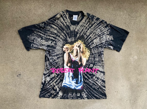 Vintage 1990s ROBERT PLANT All Over Print Black T-SHIRT Size Extra