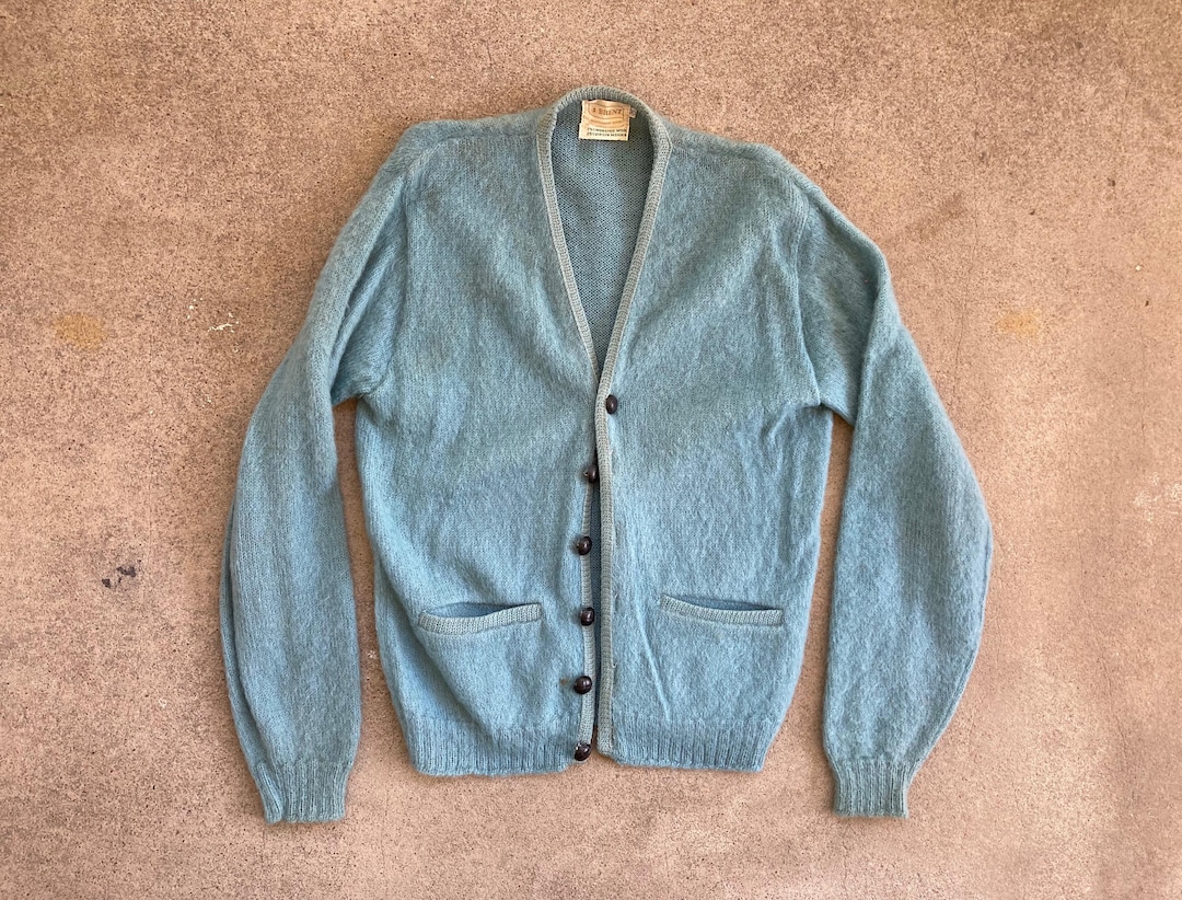 Vintage 1960s Brent MOHAIR Baby Blue Button up CARDIGAN Sweater