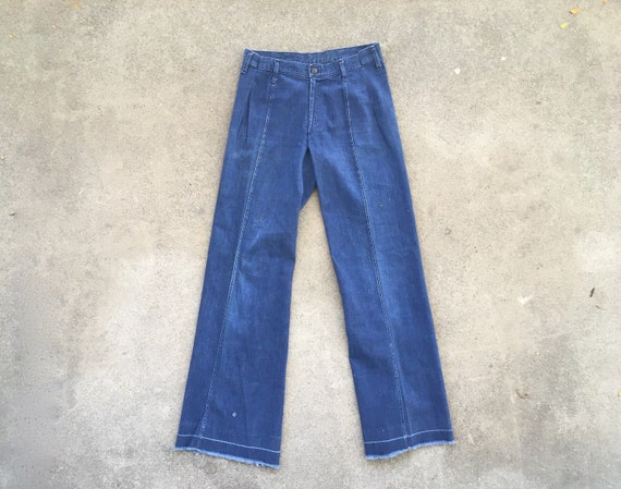 Vintage 1970s Womens DARK Indigo Blue Denim Pleated Wide Leg JEANS 