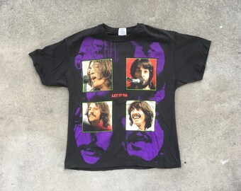 Vintage 1990s THE BEATLES Rubber Soul All Over Print Negro Concierto CAMISETA Tamaño Extra Grande Concierto Tour Banda Single Stitch Swag