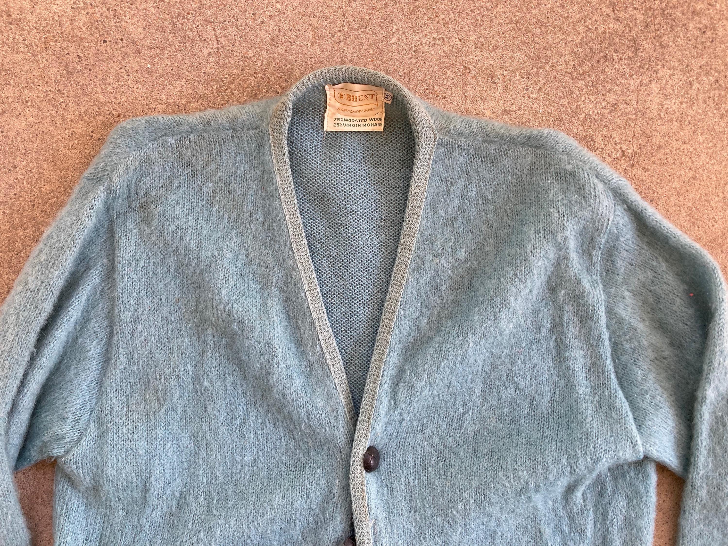 Vintage 1960s Brent MOHAIR Baby Blue Button up CARDIGAN Sweater