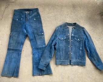 Vintage 1960s Roughout Azul CUERO Dos Piezas CHAQUETA Y PANTALONES Set Tamaño Medio Hippie Mod East West Musical Ante California Gandalf Traje