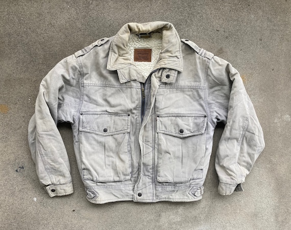 Vintage 1990s LEVIS Grey Sherpa Lined Denim Jean JACKET Size Small Trucker Bomber Shearling Hipster Swag Fleece