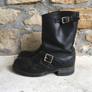 Vintage Mens 1960s Black Leather Harness Engineer MOTORCYCLE BOOTS Size 9 9.5 Steel Toe Biker Hipster Sears Hercules Frye