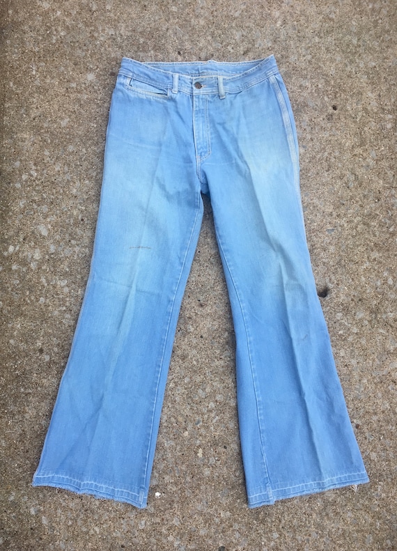 Vintage 1970s Light Blue Denim Zip up Hippie Elephant BELL BOTTOM