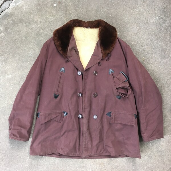 Vintage 1940s 1950s Mens BARNSTORMER Brown Cotton Shawl Collar Shearling Lined Work BARN COAT Size Large 44 Hercules Workwear Mackinaw Chore