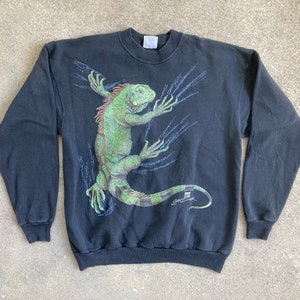Vintage 1990s IGUANA Lizard Black Crewneck SWEATSHIRT Size Extra Large Swag Hip Hop Animal Hipster Pullover
