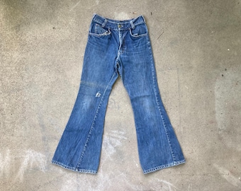 Vintage 1970s BIG SMITH Distressed Dark Denim Hippie Bell Bottom JEANS 26 x 30 Boho Mod Hipster Elephant Flare