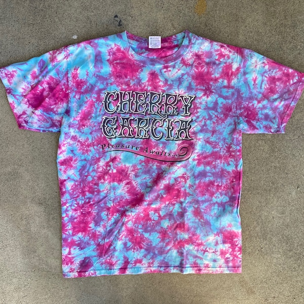 Vintage 1990s CHERRY GARCIA Ben & Jerrys Tie Dye T-SHIRT Size Extra Large Ice Cream Liquid Blue Concert Tour Skeleton Skull Grateful Dead