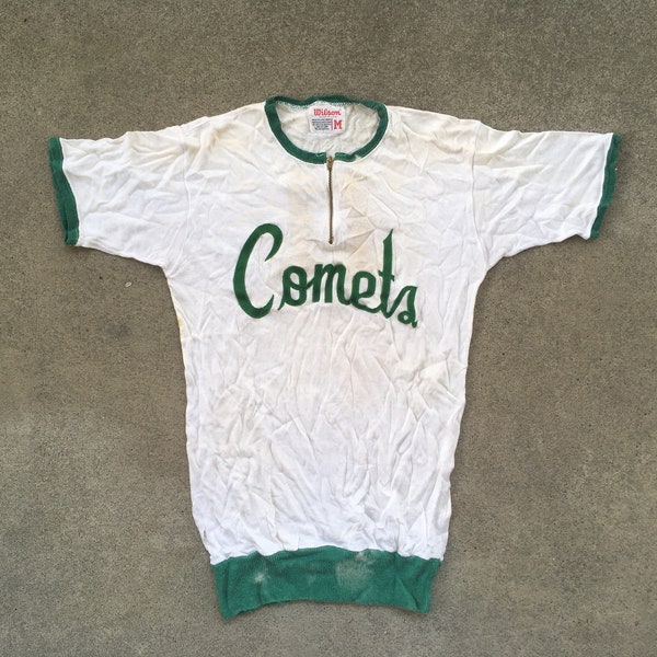 Vintage 1960s COMETS White & Green Rayon Distressed Quarter Zip SHIRT Jersey Size Small Medium Sports Baseball Basketball