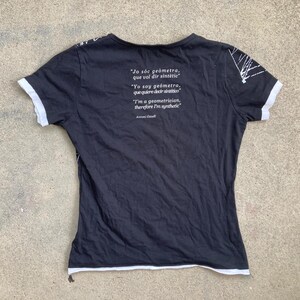 Puede incluir: Camiseta negra con ribetes blancos en el cuello y las mangas. La parte posterior de la camiseta presenta texto en ingl&eacute;s, espa&ntilde;ol y catal&aacute;n. El texto incluye la frase "I'm a geometrician, therefore I'm synthetic."