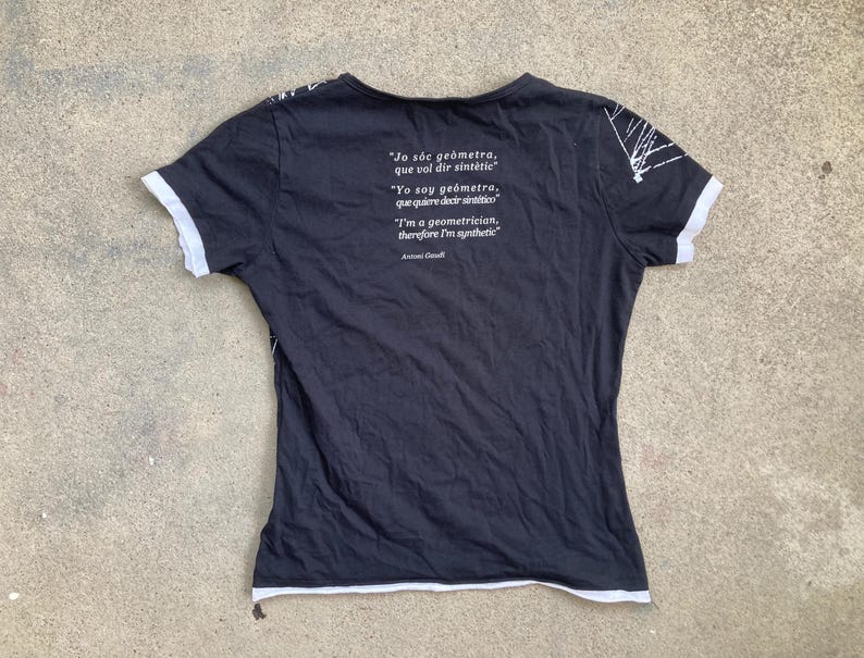 Puede incluir: Camiseta negra con ribetes blancos en el cuello y las mangas. La parte posterior de la camiseta presenta texto en ingl&eacute;s, espa&ntilde;ol y catal&aacute;n. El texto incluye la frase "I'm a geometrician, therefore I'm synthetic."