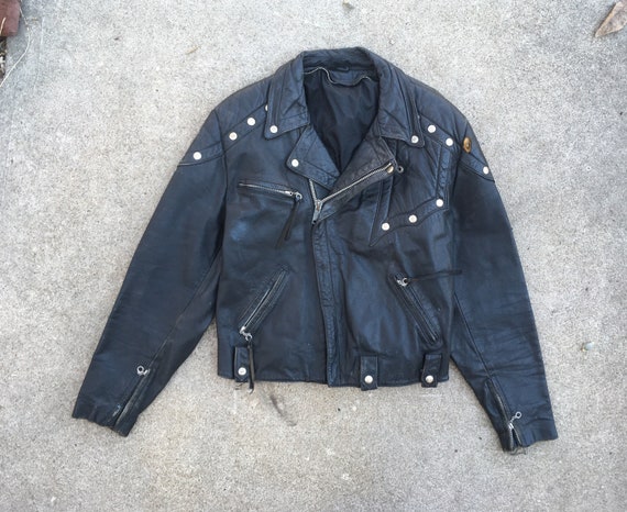 Vintage 1970s SKULL Button Custom Black Leather Bi