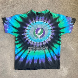 CAMISETA ANTI-TEÑO DE LA GIRA DEL 25.º ANIVERSARIO DE GRATEFUL DEAD, de la década de 1990, talla mediana, azul líquido, estampado de calaveras Dead And Gone por todas partes, 1990 imagen 1