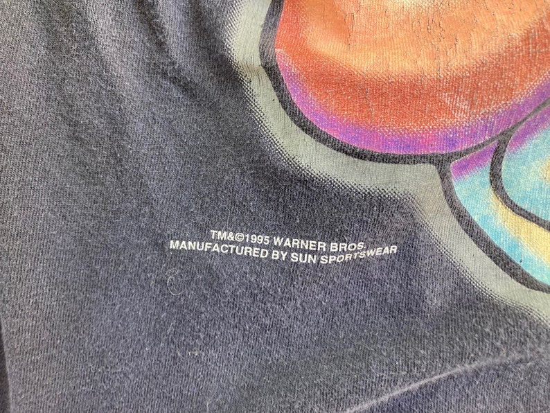 May include: Black t-shirt with a colourful graphic print. The text "TM&&copy;1995 Warner Bros. Manufactured by Sun Sportswear" is printed on the bottom of the shirt.
