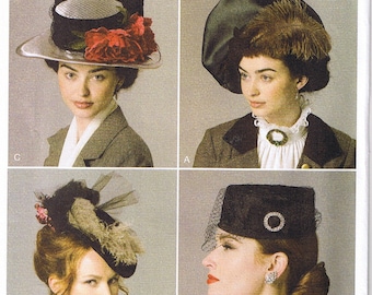 May include: A vintage sewing pattern for four different styles of hats. The pattern is from Butterick and is labeled B6397. The hats are all black and feature different embellishments, including feathers, netting, and flowers.