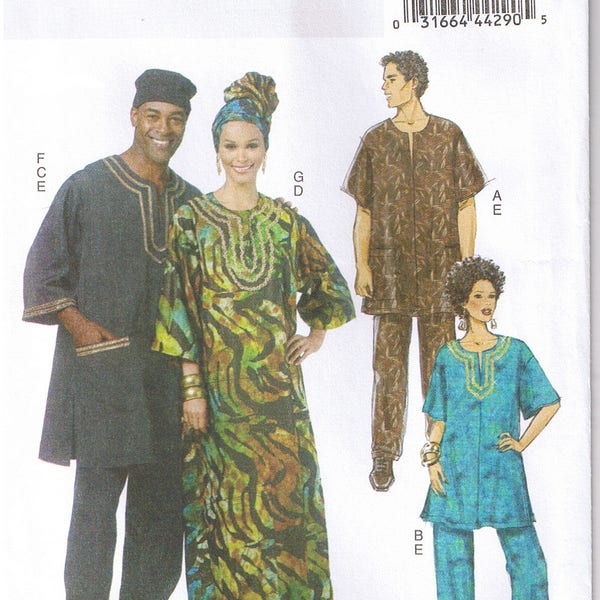 Easy to Sew Caftan Loose Fit Tunic Elastic Waist Side Pocket Pants Hat Headwrap Mens Womens Unisex Butterick 5725 6748 Sewing Pattern S M L