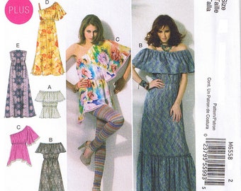 Peasant Top Maxi Dress With Ruffle Detail Strapless Off the Shoulder One Shoulder McCalls 6558 Sewing Pattern Womens Misses 8 10 12 14 16