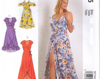 Easy Wrap Dress With Shaped Hem and Off the Shoulder Cold Shoulder or Cap Sleeve Ties McCalls 7745 Sewing Pattern 6 8 10 12 14 16 18 20 22
