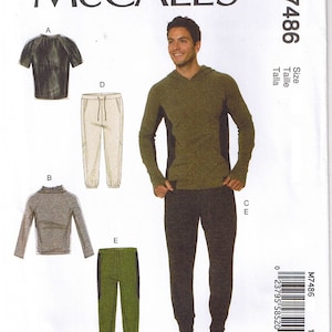 May include: Sewing pattern for a men's hooded sweatshirt and sweatpants. The pattern includes instructions for making a long-sleeved hooded sweatshirt with a contrasting panel and a pair of sweatpants with a contrasting panel. The pattern is for size M7486.
