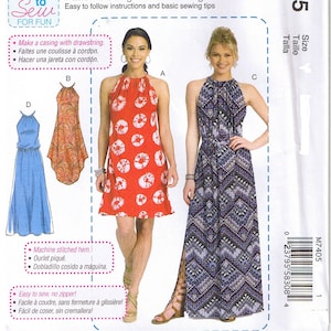 May include: McCall's sewing pattern M7405 for beginner dresses. The pattern features halter necklines and various designs, including a red dress with white circles and a patterned maxi dress. The text reads "Learn to Sew for Fun."