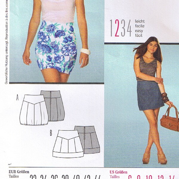 Figure Hugging or Flared Mini Skirts Slimming Hip Yoke Back Zipper Hem Band Option Burda 7384 Sewing Pattern Misses Size 6 8 10 12 14 16 18