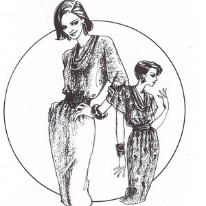 May include: A black and white line drawing of two women wearing draped front dolman tops. The tops have a cowl neck and are designed for conventional or serger sewing. The image is from Great Copy Patterns #111.