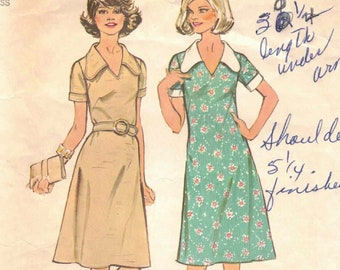 Vtg 70s V Neck Dress & Belt Collar Short Sleeves Cuffs Easy to Sew Simplicity 5669 Jiffy Look Slimmer Sewing Pattern Misses Plus 16 Bust 38