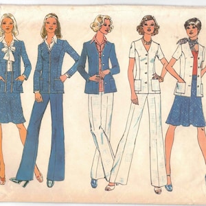 May include: Simplicity sewing pattern number 6858 for a miss size 12, bust 34 inches. The pattern includes four different styles of clothing: a blue skirt and jacket, a blue pantsuit, a white pantsuit, and a blue skirt with a white jacket.