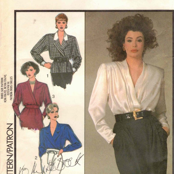 4 Styles Front Wrap Blouse Top With Long Sleeves Tucks Pleats Collar Yoke Simplicity Vtg 80s Simplicity 4759 Sewing Pattern Size 8 10 12