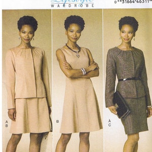 May include: A sewing pattern for a women's suit with three different styles. The pattern is from Butterick Lifestyle Wardrobe and is labeled B6257. The pattern shows a woman wearing a skirt suit, a dress, and a skirt suit with a jacket.