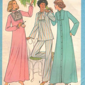 May include: Vintage Simplicity 8163 sewing pattern featuring three different sleepwear designs. The pattern includes a long pink nightgown, a striped pajama set, and a long turquoise robe. The pattern is for sizes 10-12.