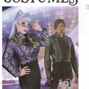 May include: McCall's Costumes pattern M8188. The cover features two models in futuristic-themed outfits. The woman wears a patterned jacket and skirt, while the man is in a black leather jacket and pants. The pattern size is A (XS-XL/S-XL).