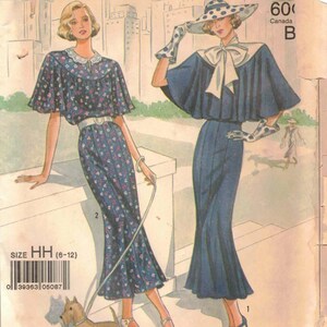 Vtg 20s Dress & Capelet Tie Collar Full 8 Gore Elastic Waist Skirt Sleeveless or Flutter Sleeve Sewing Pattern Misses 6 8 10 12 14 16 18 20