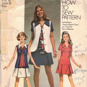 Lowered Waist Dress Inverted Pleat Skirt V Neck Collar Short or Mini Length Vtg 70s Learn How to Sew Simplicity 8615 Sewing Pattern Plus 16