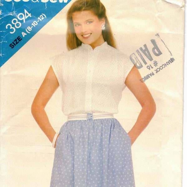 Cap Sleeve Top A-Line Skirt Collar Button Front Gathered to Shoulders Waistband Pockets Vtg 1980s Butterick See & Sew Sewing Pattern 8 10 12