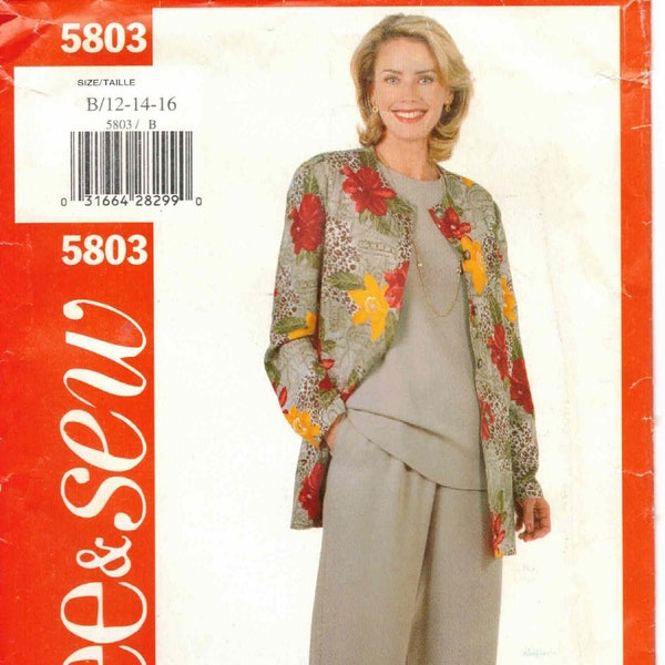 90s Career Suit Wardrobe Below Hip Jacket Side Slits Short Sleeve Top Straigth Leg Waistband Pants Easy to Sew Vtg Sewing Pattern 12 14 16