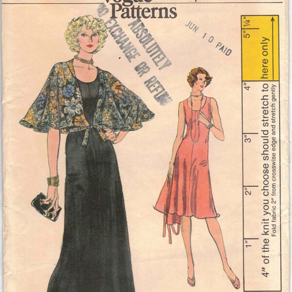 Stretch Knit Dress & Capelet Maxi or Knee Length Gown Evening Wear Cocktail Party Vogue 9063 Vintage 70s Sewing Pattern Misses Size 14