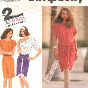 May include: A sewing pattern for a dress with a tie waist. The pattern is from Simplicity and is part of the 2 Hour Express collection. The pattern is for sizes DD (32-38).